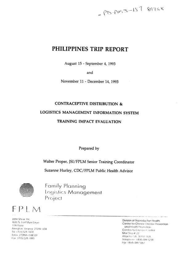 Philippines trip report, August 15-September 4, 1993 and November 11-December 14, 1993 : contraceptive distribution and logistics management information system training impact evaluation