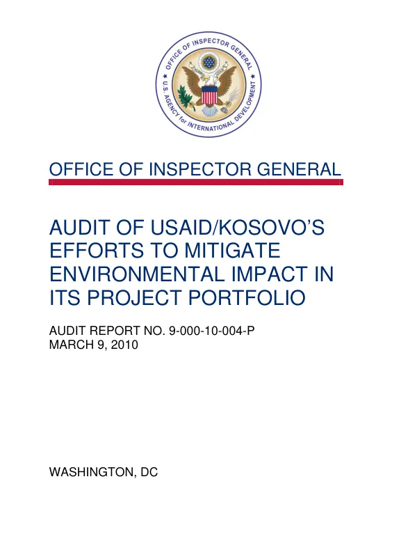 Audit of USAID/Kosovo"s efforts to mitigate environmental impact in its project portfolio