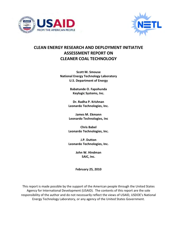 Clean energy research and deployment initiative assessment report on cleaner coal technology