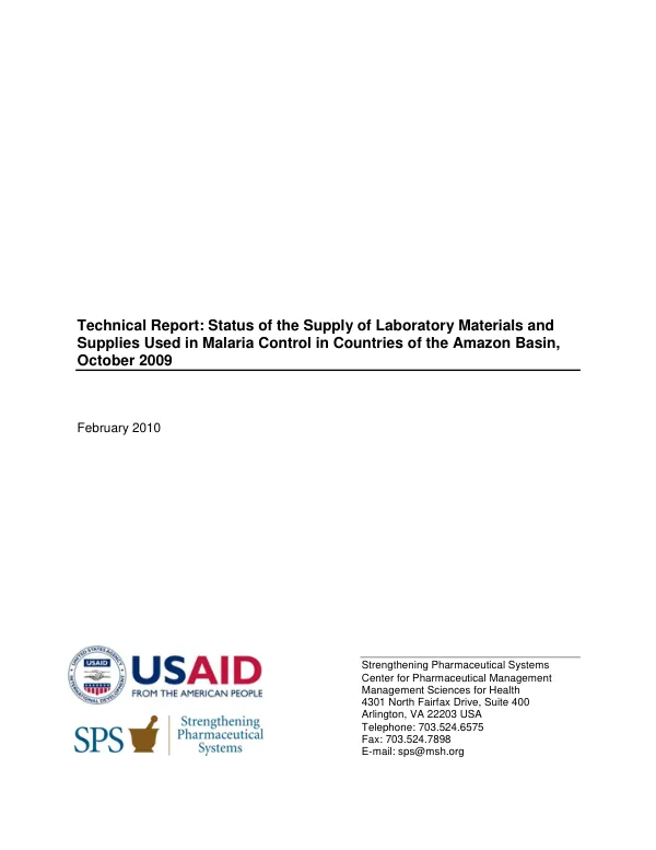 Technical report : status of the supply of laboratory materials and supplies used in malaria control in countries of the Amazon Basin, October 2009