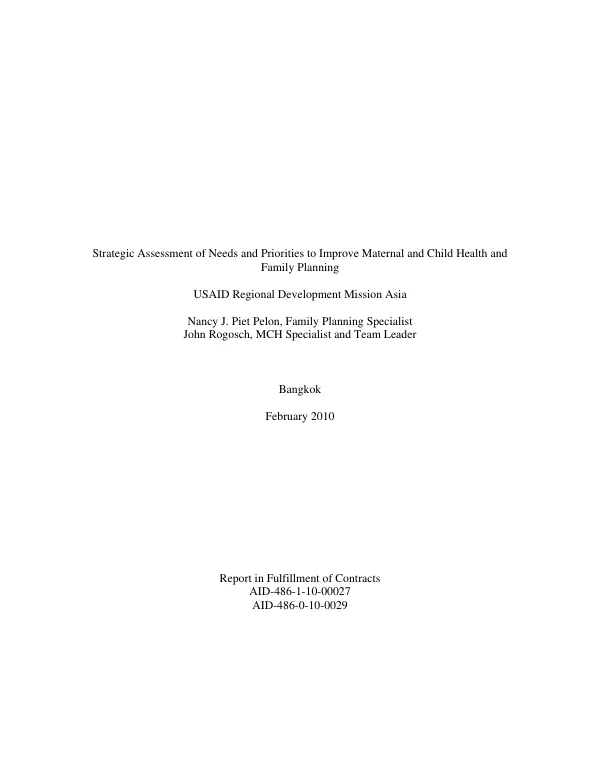 Strategic assessment of needs and priorities to improve maternal and child health and family planning