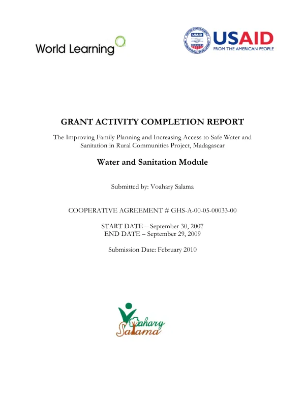 Grant activity completion report : the improving family planning and increasing access to safe water and sanitation in rural communities project, Madagascar
