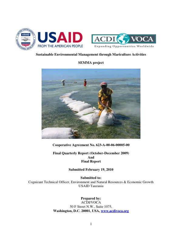 Sustainable environmental management through mariculture activities (SEMMA) project : reporting period -- FY10 Q1 (October 1 to December 2009) and final report (December 2005-December 2009)