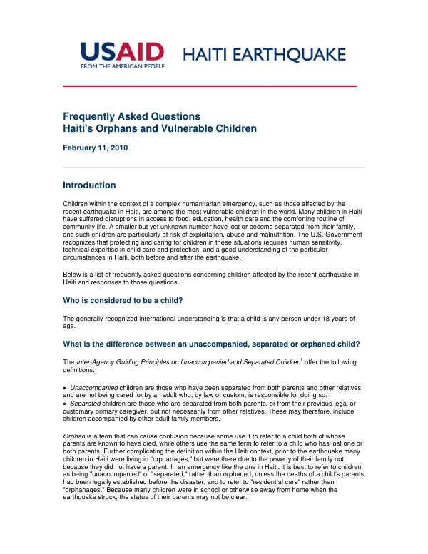 Frequently asked questions : Haiti"s orphans and vulnerable children