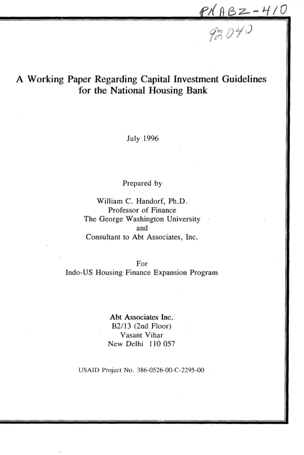 Working paper regarding capital investment guidelines for the National Housing Bank
