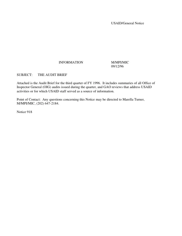 Audit brief : summary of recent IG audits and GAO reviews