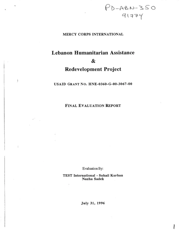 Mercy Corps International : Lebanon humanitarian assistance and redevelopment project -- USAID grant no. HNE-0360-G-00-3067-00 : final evaluation