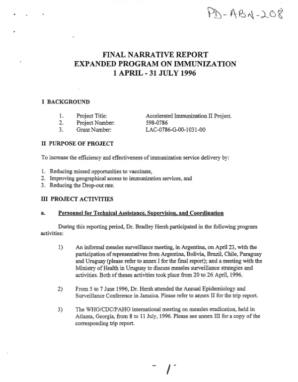 Final narrative report : expanded program on immunization -- 1 April - 31 July 1996