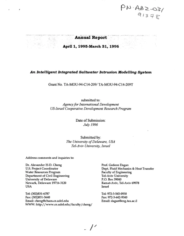 Annual report : April 1, 1995-March 31, 1996 : an intelligent integrated saltwater intrusion modelling system
