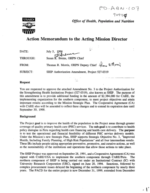 Action memorandum to the Acting Mission Director [Peru] : SHIP [strengthening health institutions project] authorization amendment, project 527-0319