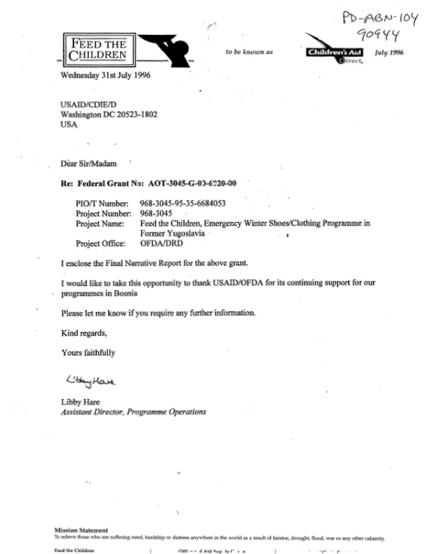 Emergency winter shoes/clothing programme : a final report for OFDA/USAID grant AOT-3045-G-00-6020-00