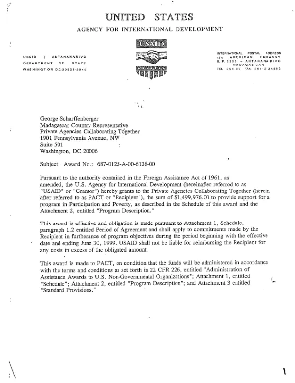 USAID grant no. 687-0125-A-00-6138-00 to Private Agencies Collaborating Together (PACT) to support a program in participation and poverty in Madagascar