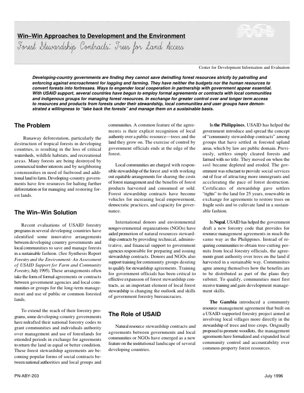 Forest stewardship contracts : trees for land access