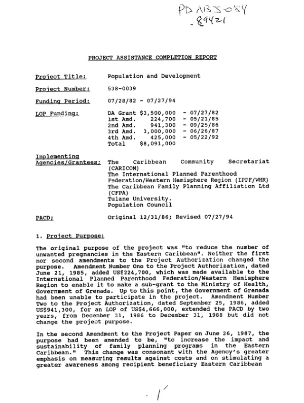 Project assistance completion report : population and development