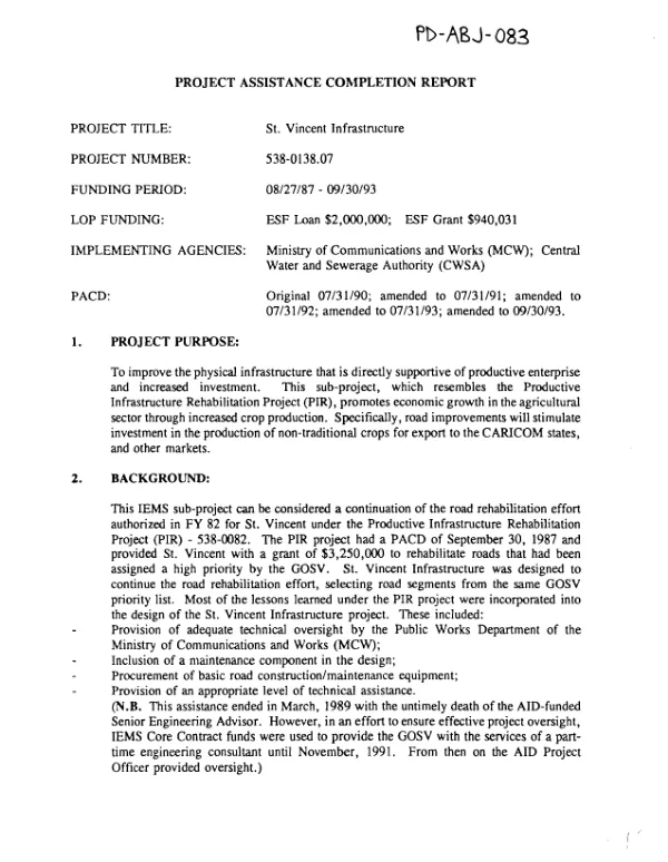 Project assistance completion report : St. Vincent infrastructure