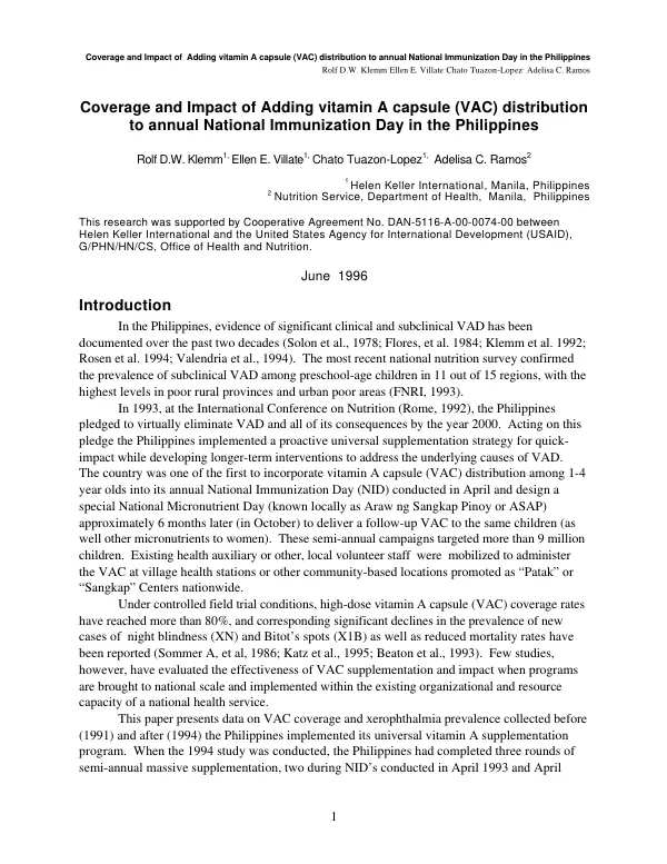 Coverage and impact of adding vitamin A capsule (VAC) distribution to annual national immunization day in the Philippines