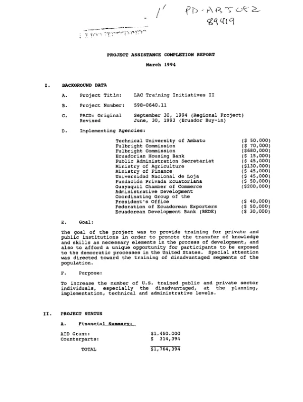 Project assistance completion report : LAC training initiatives II