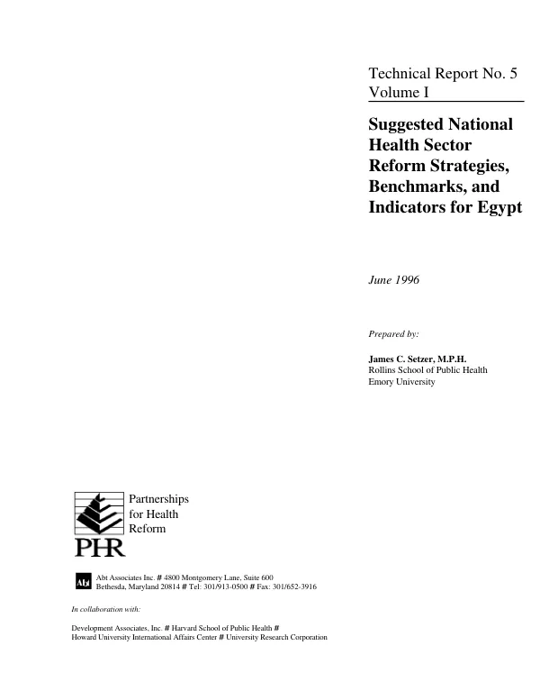 Suggested national health sector reform strategies, benchmarks, and indicators for Egypt