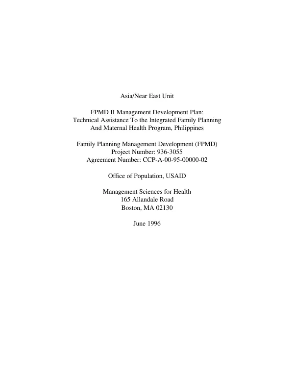 Asia/Near East unit : FPMD [family planning management development] II management development plan -- technical assistance to the integrated family planning and maternal health program, Philippines