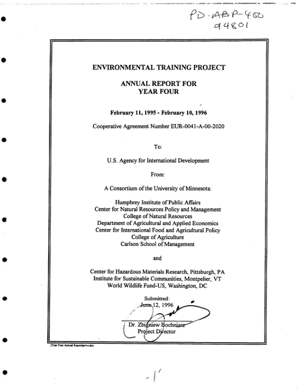 Environmental training project : annual report for year four, February 11, 1995-February 10, 1996 -- cooperative agreement number EUR-0041-A-00-2020
