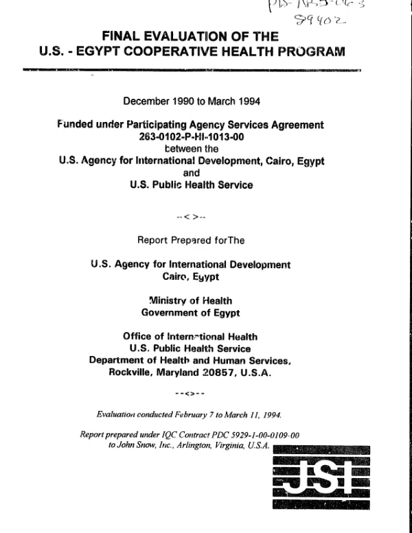 Final evaluation of the US-Egypt cooperative health program December 1990 to March 1994