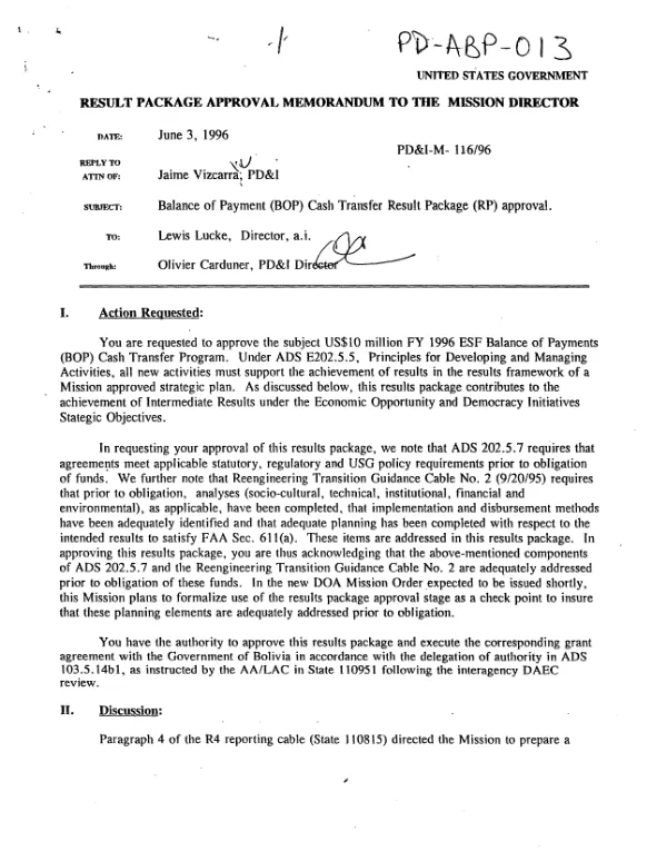 Bolivia : FY96 counternarcotics cash transfer -- program assistance approval document : 511-0639