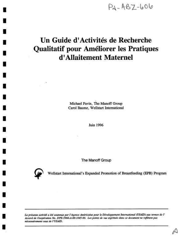 Guide d"activites de recherche qualitatif pour ameliorer les pratiques d"allaitement maternal