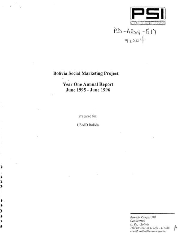 Bolivia social marketing project : year one annual report -- June 1995-June 1996