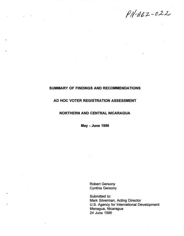 Summary of findings and recommendations : ad hoc voter registration assessment -- Northern and Central Nicaragua : May - June 1996