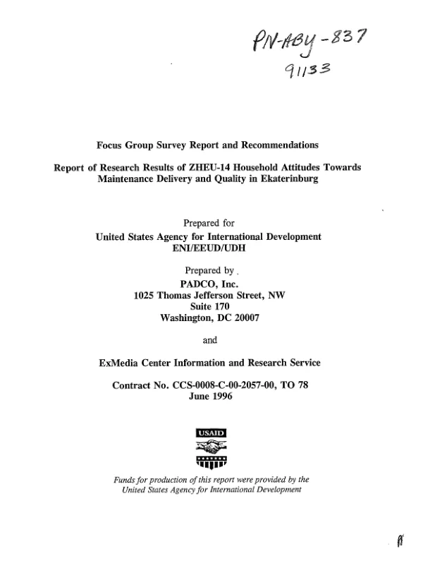 Focus group survey and recommendations : report of research results of ZHEU-14 household attitudes towards maintenance delivery and quality in Ekaterinburg
