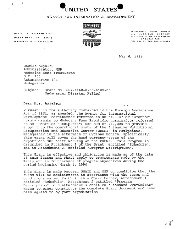 USAID grant no. 687-0968-G-00-6105-00 to Medecins Sans Frontieres in support of Madagascar disaster relief
