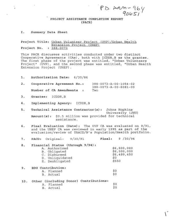 Project assistance completion report (PACR) : urban volunteer project (UVP)/urban health extension project (UHEP) -- 388-0073