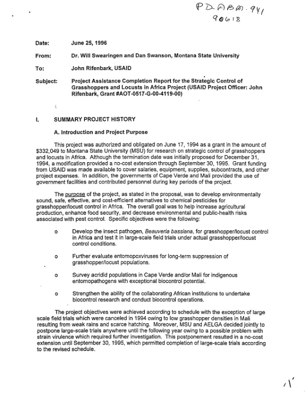 Project assistance completion report for the strategic control of grasshoppers and locusts in Africa project : grant no. AOT-0517-G-00-4119-00