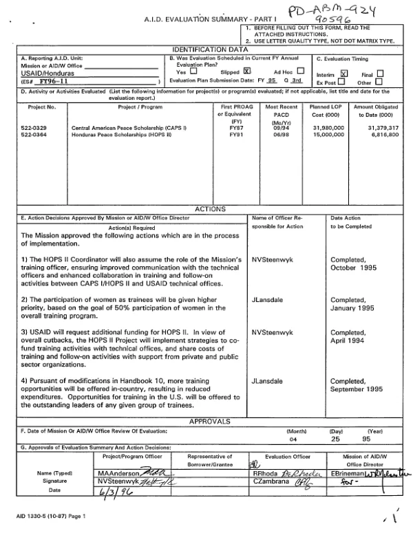 Central American peace scholarship (CAPS I) : Honduras peace scholarships (HOPS II)
