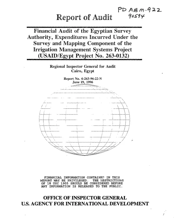 Financial audit of the Egyptian Survey Authority, expenditures incurred under the survey and mapping component of the irrigation management systems project (USAID/Egypt project no. 263-0132)