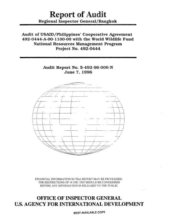 Audit of USAID/Philippines" cooperative agreement 492-0444-A-00-1100-00 with the World Wildlife Fund national resources management program, project no. 492-0444