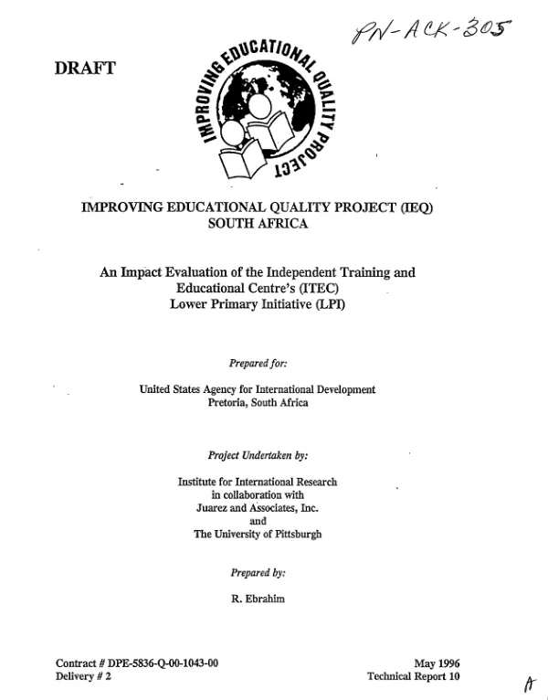 An impact evaluation of the Independent Training and Educational Centre"s (ITEC) lower primary initiative (LPI)