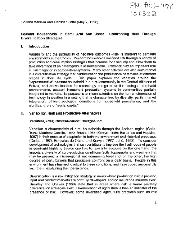 Peasant households in semi arid San Jose[, Bolivia] : confronting risk through diversification strategies