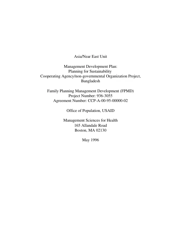 Asia/Near East unit : management development plan -- planning for sustainability : cooperating agency/non-governmental organization project -- Bangladesh