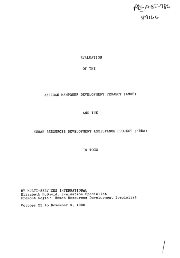 Evaluation of the African manpower development project (AMDP) and the human resources development assistance project (HRDA) in Togo