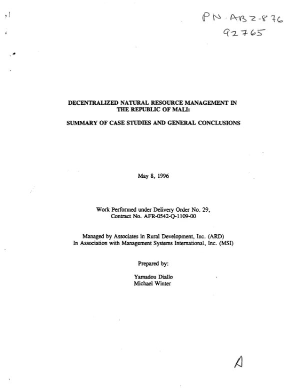 Decentralized natural resource management in the Republic of Mali : summary of case studies and general conclusions