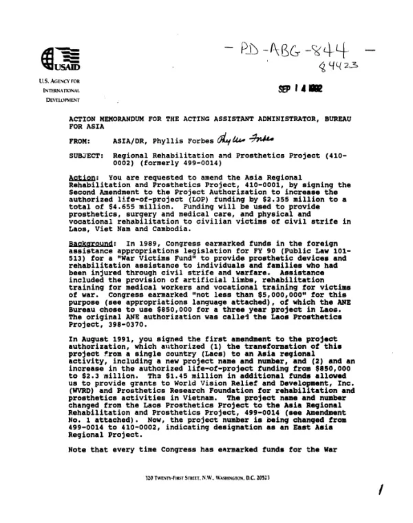 Regional rehabilitation and prosthetics project (410-0002) (formerly 499-0014)