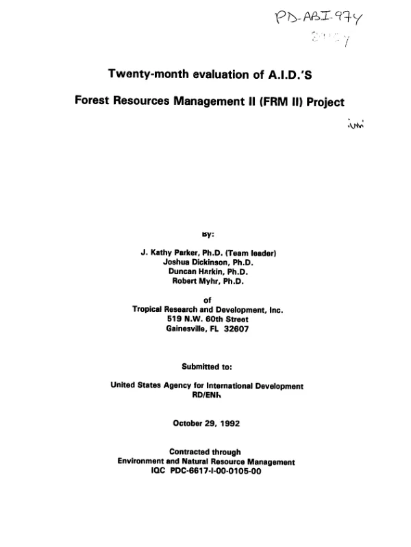 Twenty-month evaluation of AID's forest resources management II (FRM II) project