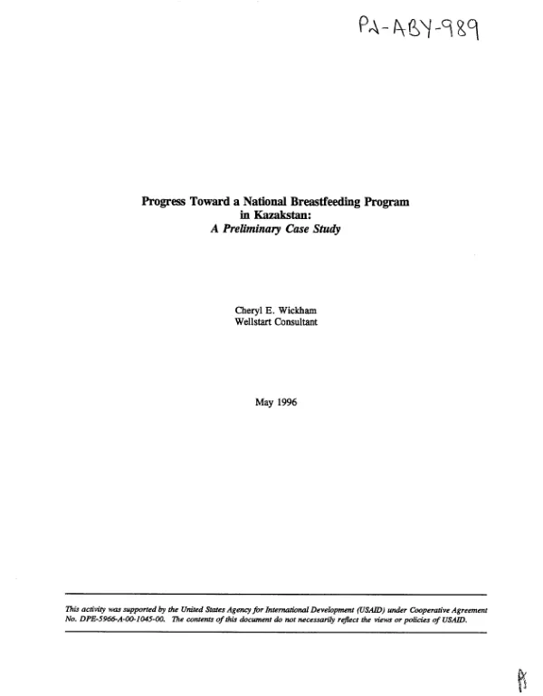 Progress toward a national breastfeeding program in Kazakstan : a preliminary case study