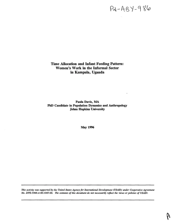 Time allocation and infant feeding pattern : women"s work in the informal sector in Kampala, Uganda