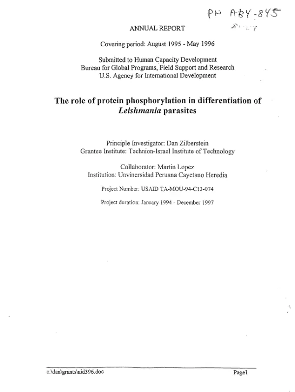 Annual report covering period August 1995-May 1996 : role of protein phosphorylation in differentiation of Leishmania parasites