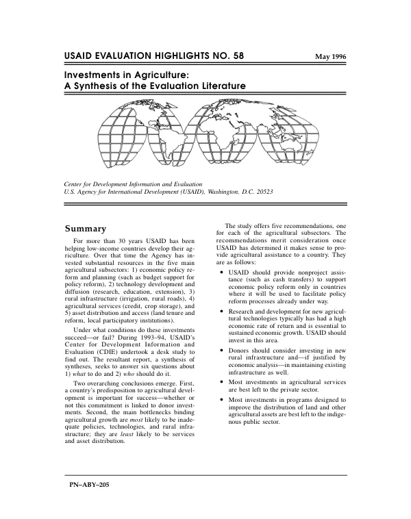 Investments in agriculture : a synthesis of the evaluation literature
