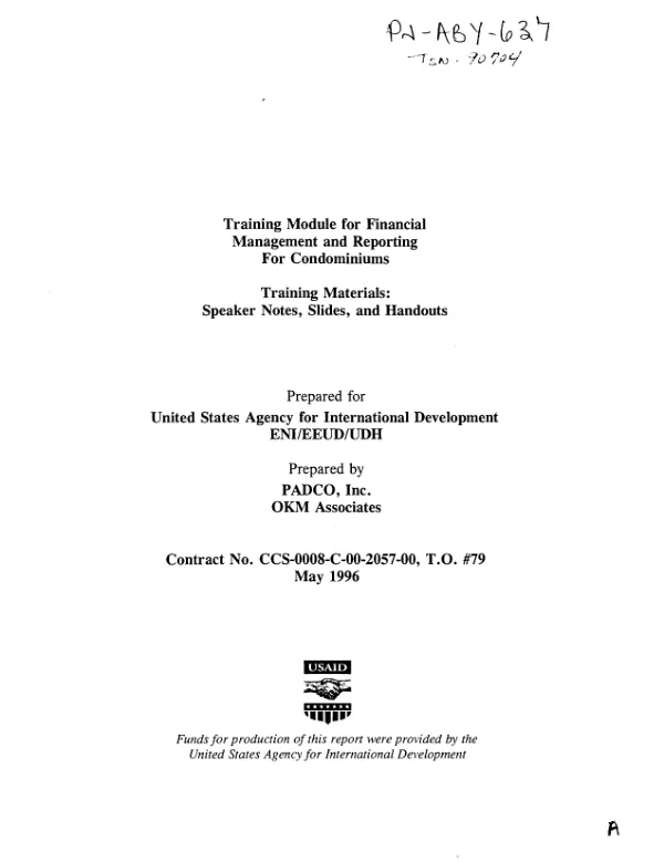 Training module for financial management and reporting for condominiums -- training materials : speaker notes, slides, and handouts