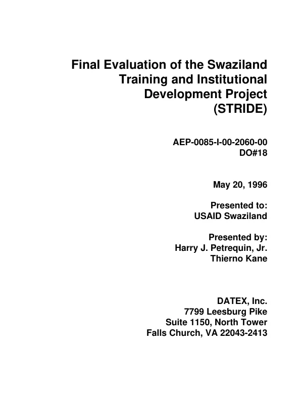 Final evaluation of the Swaziland training and institutional development project (STRIDE)