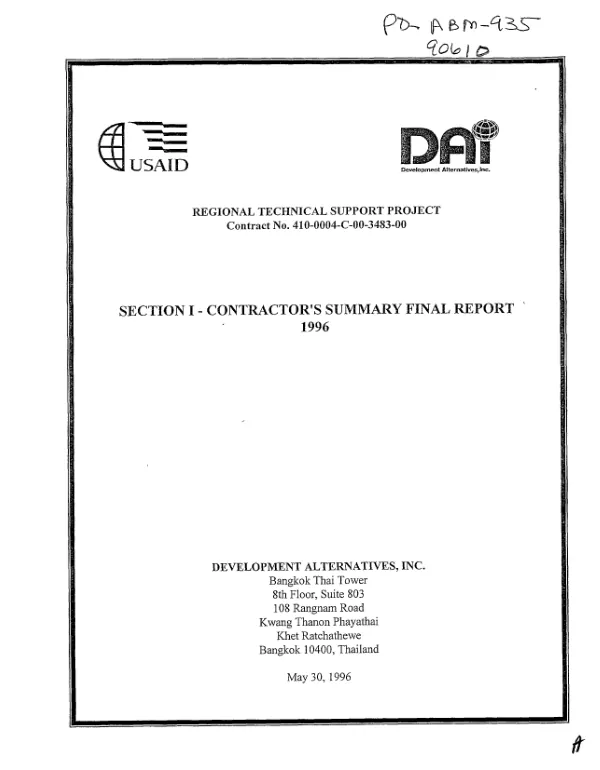 Regional technical support project : contract no. 410-0004-C-00-3483-00 -- section I : contractor"s summary final report